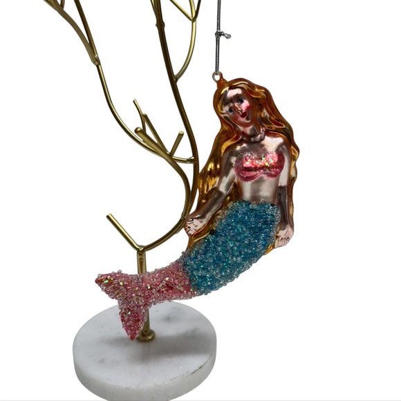 Vintage Mermaid Christmas Ornament Blown Glass Glitter Beads Accents - Picture 2 of 8